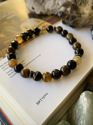 Pulsera masculina con Ojo de Tigre, Hematitas, Ágata negra y Vena de Dragón