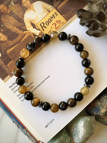 Pulsera masculina con Ojo de Tigre, Hematitas, Ágata negra y Vena de Dragón