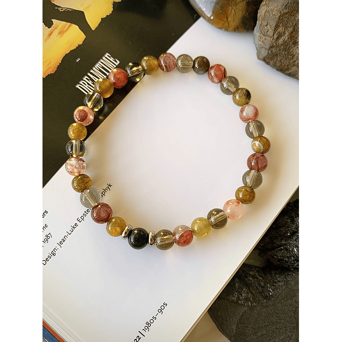 Pulsera unisex con Ágata Vena de Dragón, Cuarzo rojo y Ahumado, con una Obsidiana negra y acero 1