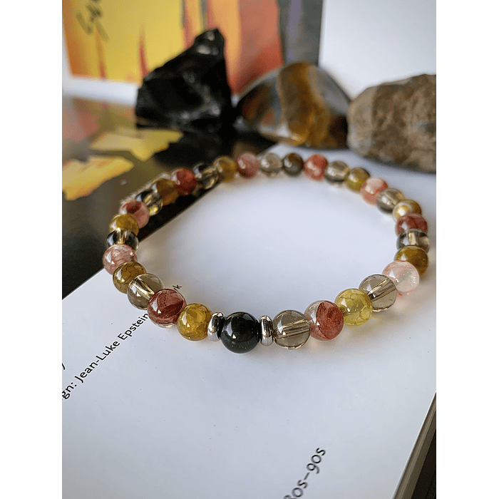 Pulsera unisex con Ágata Vena de Dragón, Cuarzo rojo y Ahumado, con una Obsidiana negra y acero 2