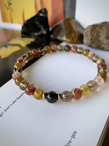 Pulsera unisex con Ágata Vena de Dragón, Cuarzo rojo y Ahumado, con una Obsidiana negra y acero