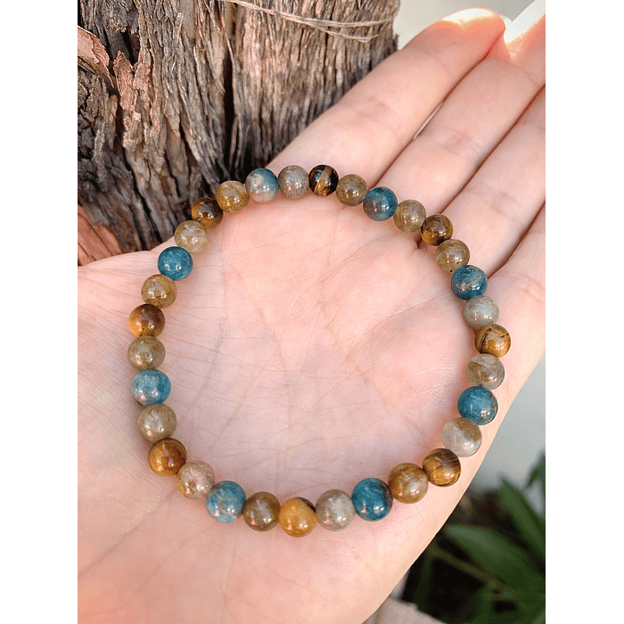 Pulsera unisex creada con Labradoritas, Ojo de Tigre y Apatitas azules 1