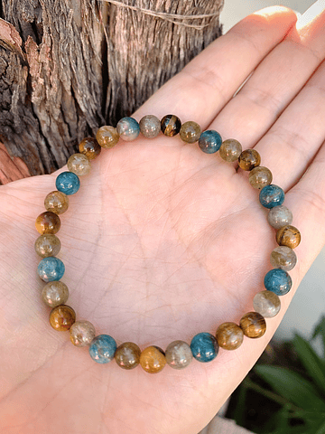 Pulsera unisex creada con Labradoritas, Ojo de Tigre y Apatitas azules