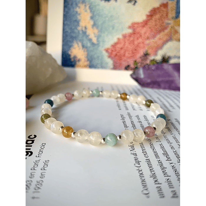 Pulsera femenina de Piedra Luna y Jades en tonos rosa, celeste, azul, amarillo y verde 2