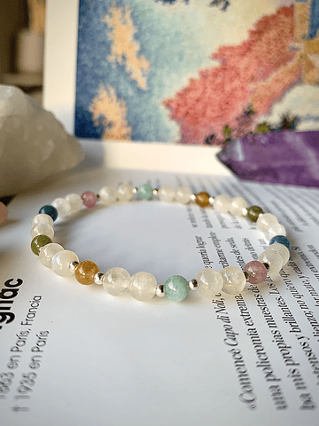Pulsera femenina de Piedra Luna y Jades en tonos rosa, celeste, azul, amarillo y verde