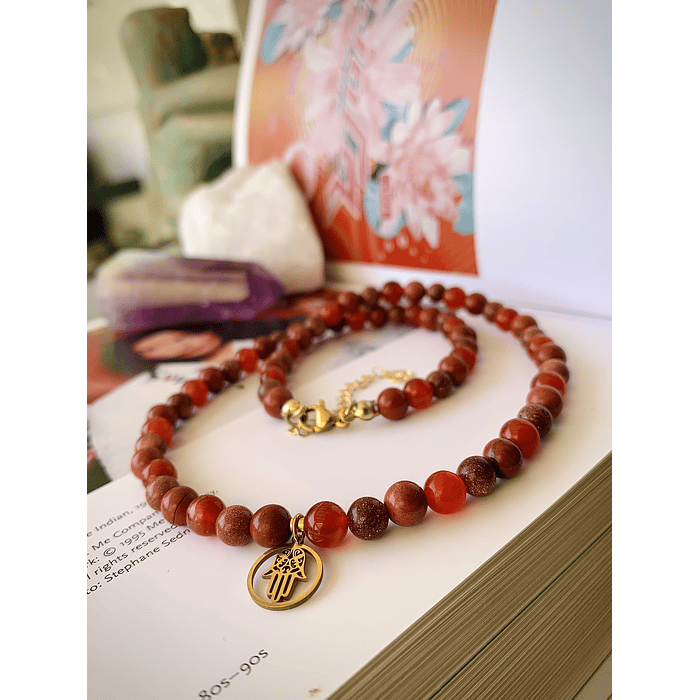 Choker femenino creado con Cornalinas, Jaspe cebra rosa rojo y Piedra de sol 2