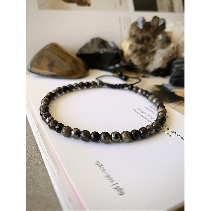 Pulsera masculina ajustable con Obsidianas doradas, Onix negro y Hematitas 1