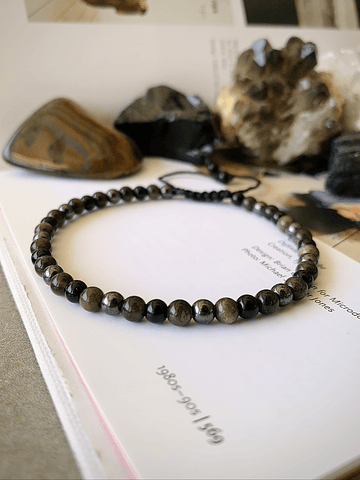 Pulsera masculina ajustable con Obsidianas doradas, Onix negro y Hematitas