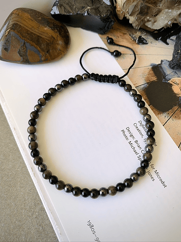 Pulsera masculina ajustable con Obsidianas doradas, Onix negro y Hematitas