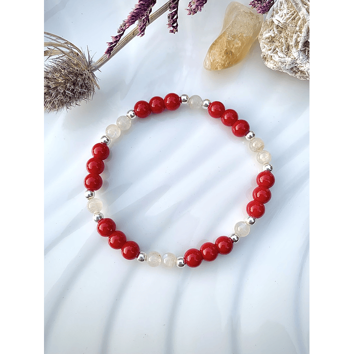 Pulsera femenina creada con Jade rojo, Piedra luna y plata ley 925 1