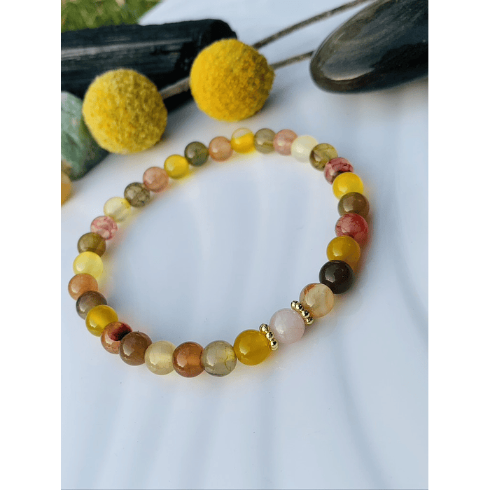 Pulsera con Ágata vena de dragón, amarilla y rosa, con una Kunzita en el centro y s 2