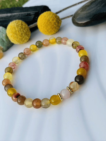 Pulsera con Ágata vena de dragón, amarilla y rosa, con una Kunzita en el centro y s