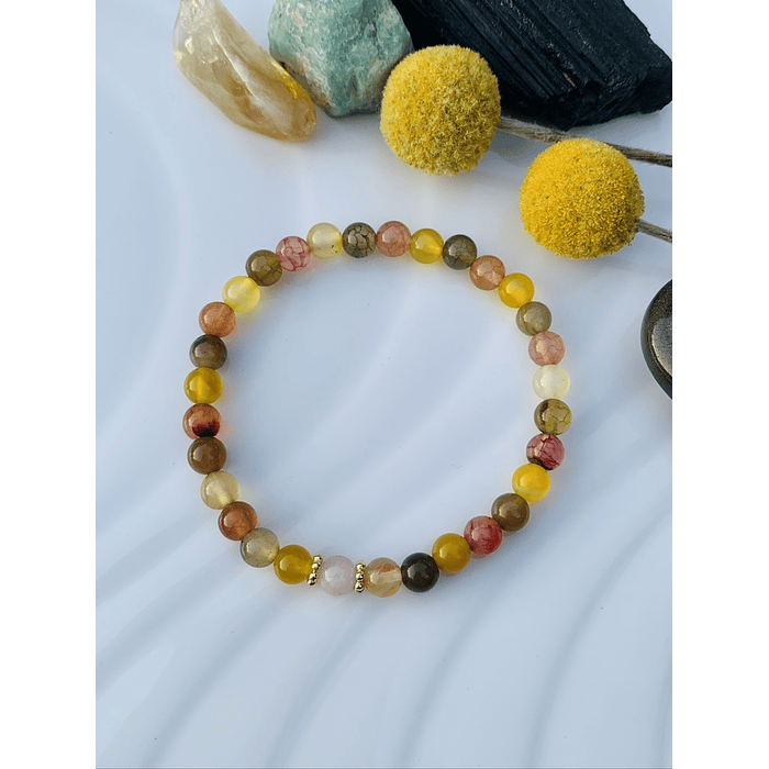 Pulsera con Ágata vena de dragón, amarilla y rosa, con una Kunzita en el centro y s 1