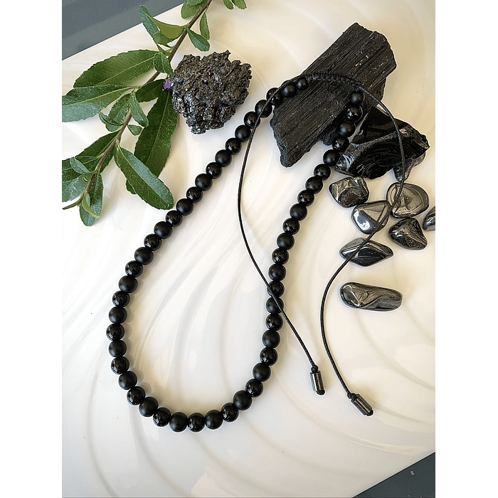 Collar choker femenino de hilo ajustable, creado con Ónix negro mate y Ónix brillante 1