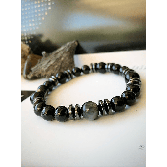 Pulsera masculina con Turmalinas, Ónix negro, Hematitas y Ojo de halcón. 2