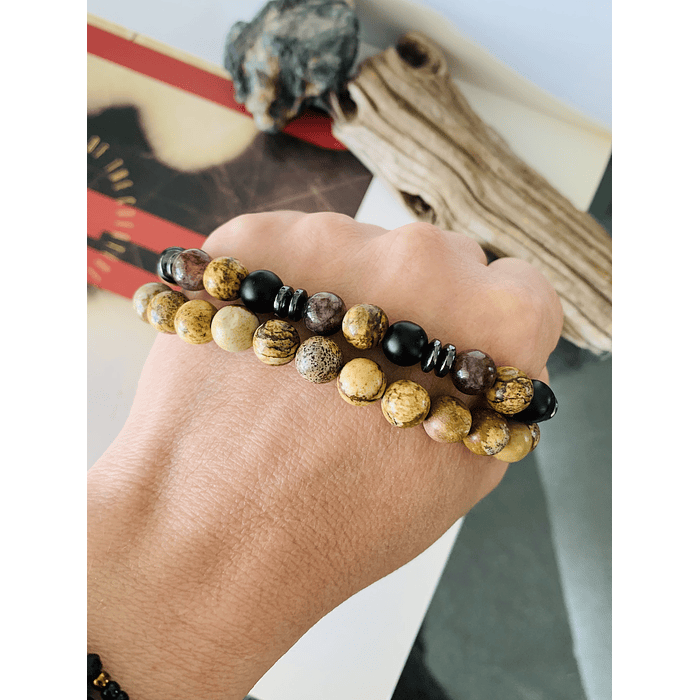 Set de pulseras masculinas con Jaspe Paisina, Ónix, Jade y hematitas. 2