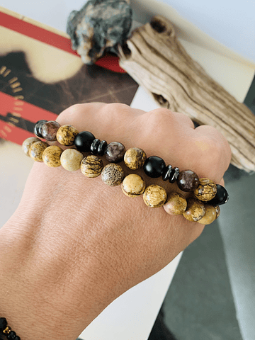 Set de pulseras masculinas con Jaspe Paisina, Ónix, Jade y hematitas.
