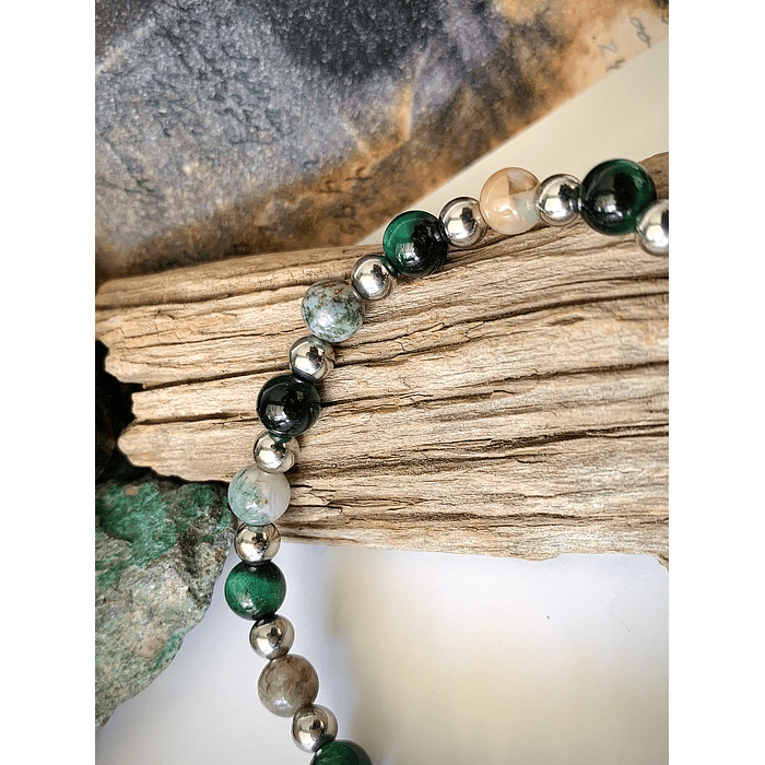 Pulsera unisex creada con Ojo de gato verde y Ágatas de la India, con separadores de acero. 3