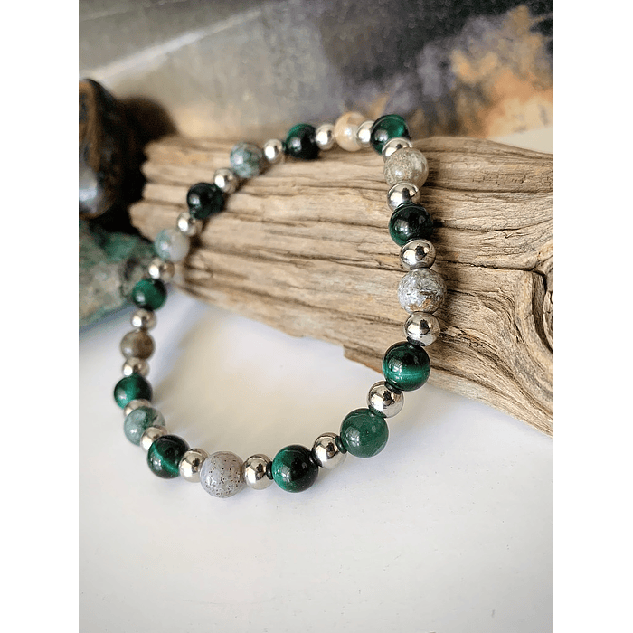 Pulsera unisex creada con Ojo de gato verde y Ágatas de la India, con separadores de acero. 2