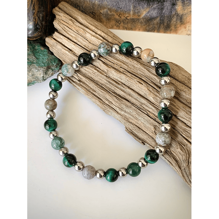 Pulsera unisex creada con Ojo de gato verde y Ágatas de la India, con separadores de acero. 1