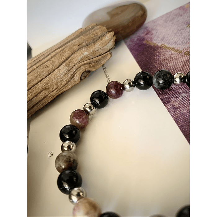 Pulsera unisex de Turmalinas sandía y negras, con separadores de acero. 4