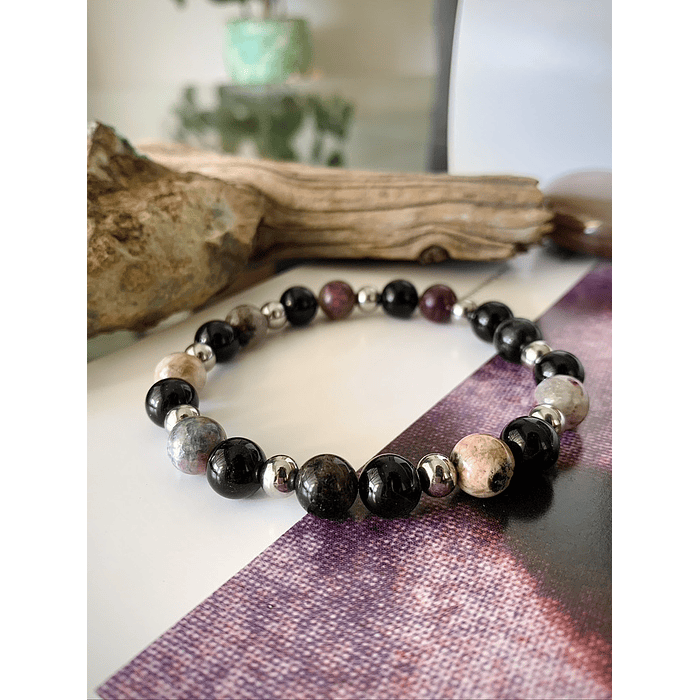 Pulsera unisex de Turmalinas sandía y negras, con separadores de acero. 3