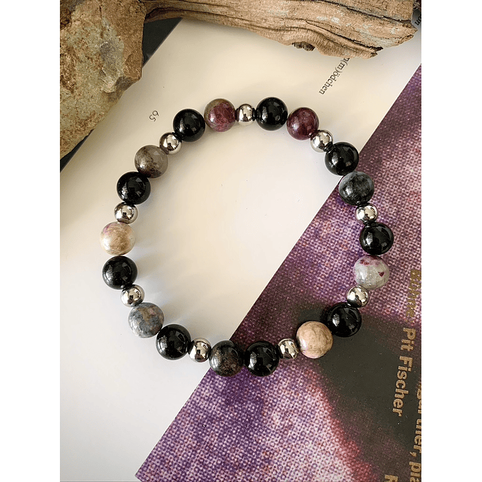 Pulsera unisex de Turmalinas sandía y negras, con separadores de acero. 1
