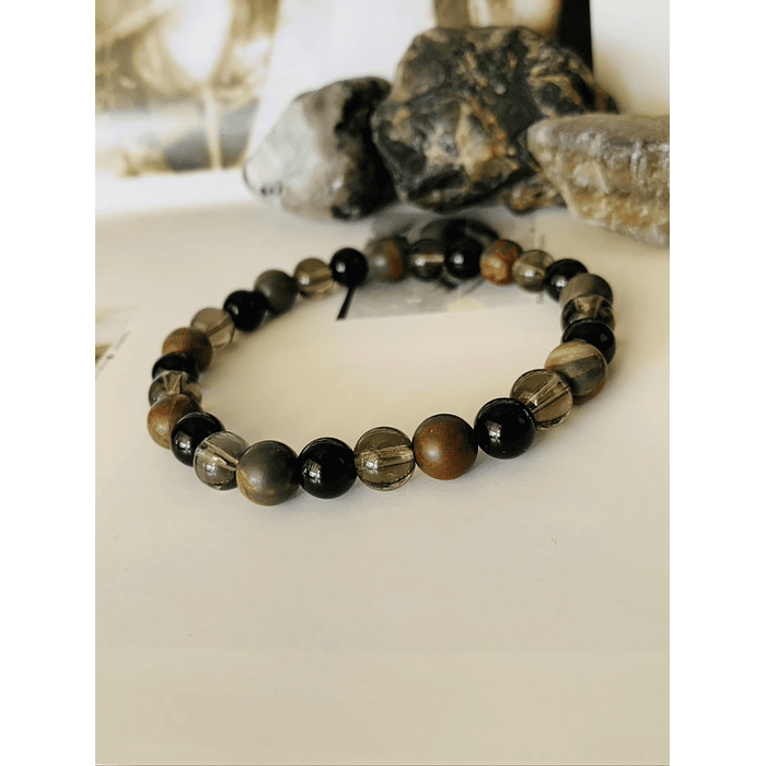 Pulsera masculina creada con Jaspe Picasso, Cuarzo ahumado y Ónix negro brillante. 2