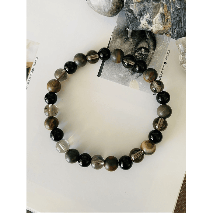 Pulsera masculina creada con Jaspe Picasso, Cuarzo ahumado y Ónix negro brillante. 1