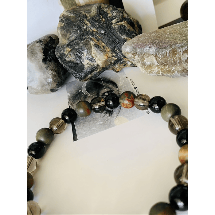 Pulsera masculina creada con Jaspe Picasso, Cuarzo ahumado y Ónix negro brillante. 3
