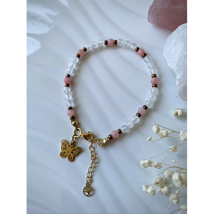 Pulsera femenina creada con Selenitas y Ágatas en tono rosa pastel 1