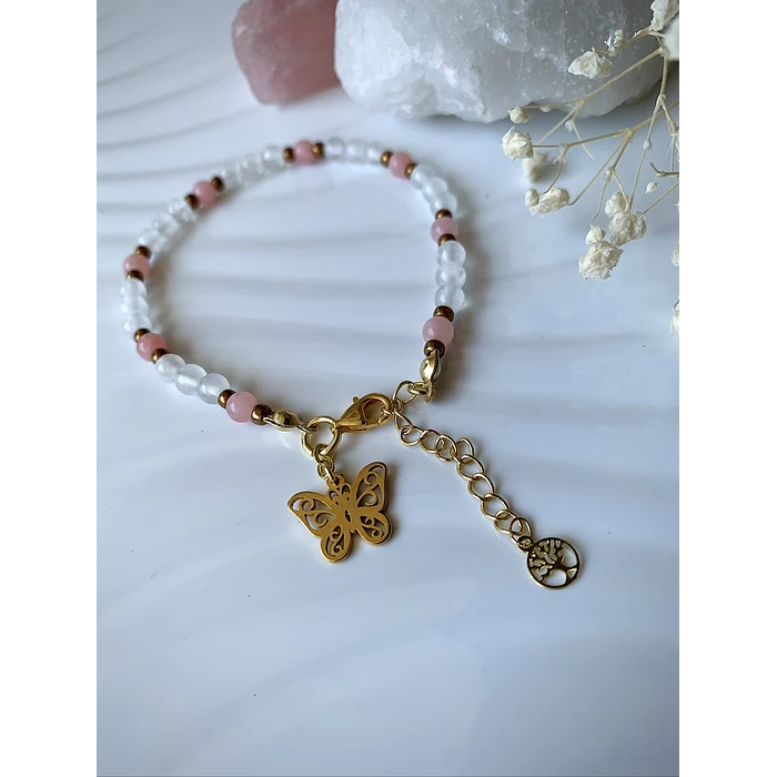 Pulsera femenina creada con Selenitas y Ágatas en tono rosa pastel 3