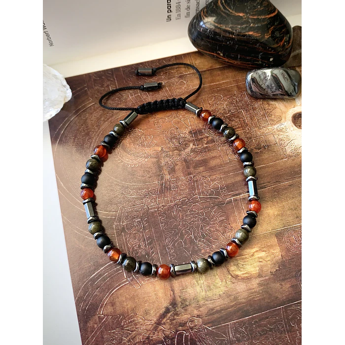 Pulsera ajustable unisex creada con Cornalinas, Obsidiana dorada, Ónix negro mate y Hematitas 1