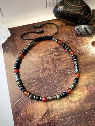 Pulsera ajustable unisex creada con Cornalinas, Obsidiana dorada, Ónix negro mate y Hematitas