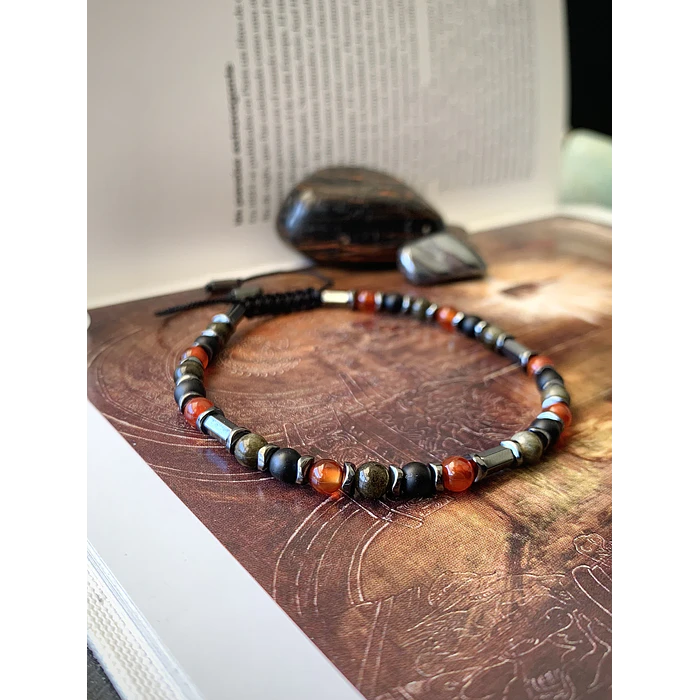 Pulsera ajustable unisex creada con Cornalinas, Obsidiana dorada, Ónix negro mate y Hematitas 2