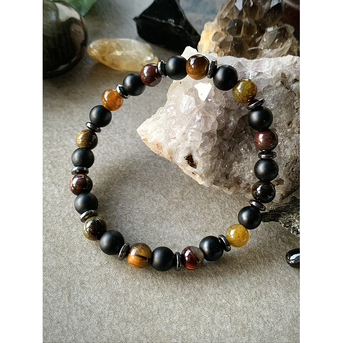 Pulsera masculina con Ónix negro mate,Ojo de tigre, Ojo de buey, Ágata vena de dragón y Hematitass 1