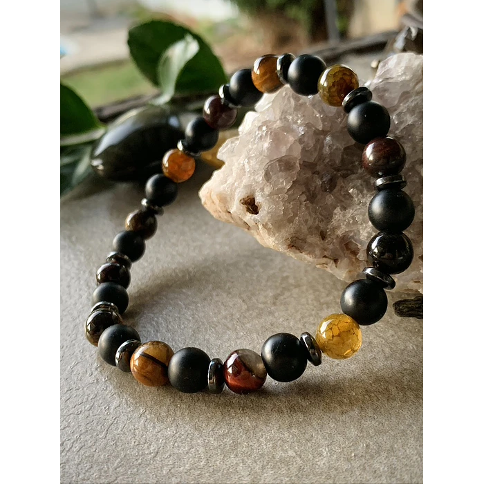 Pulsera masculina con Ónix negro mate,Ojo de tigre, Ojo de buey, Ágata vena de dragón y Hematitass 2