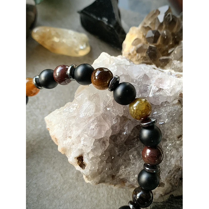 Pulsera masculina con Ónix negro mate,Ojo de tigre, Ojo de buey, Ágata vena de dragón y Hematitass 3