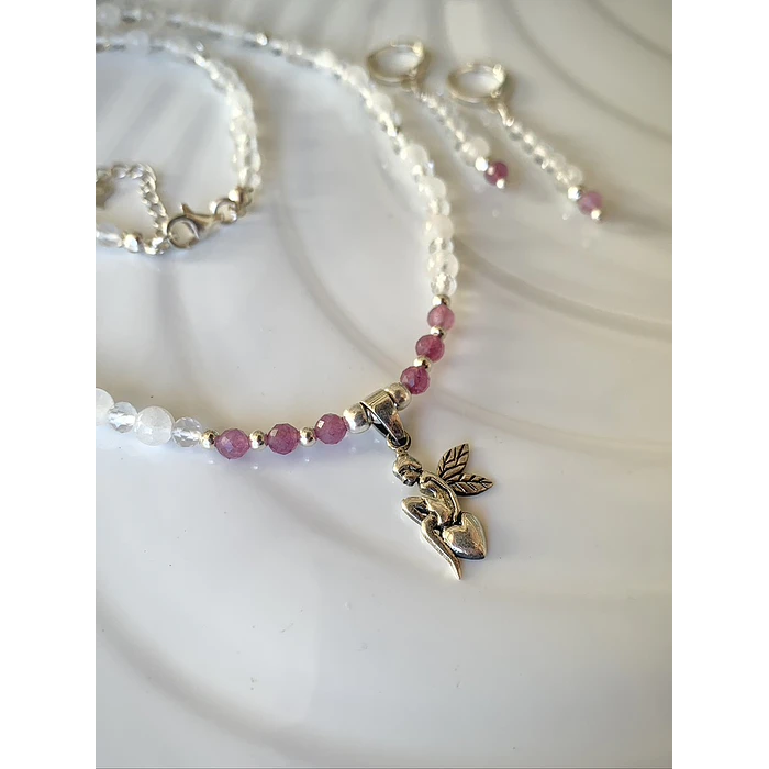 Collar choker y aros con cristales de Cuarzo cristal y Ágatas moradas  3