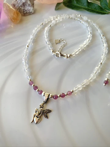 Collar choker y aros con cristales de Cuarzo cristal y Ágatas moradas 