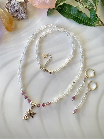 Collar choker y aros con cristales de Cuarzo cristal y Ágatas moradas 