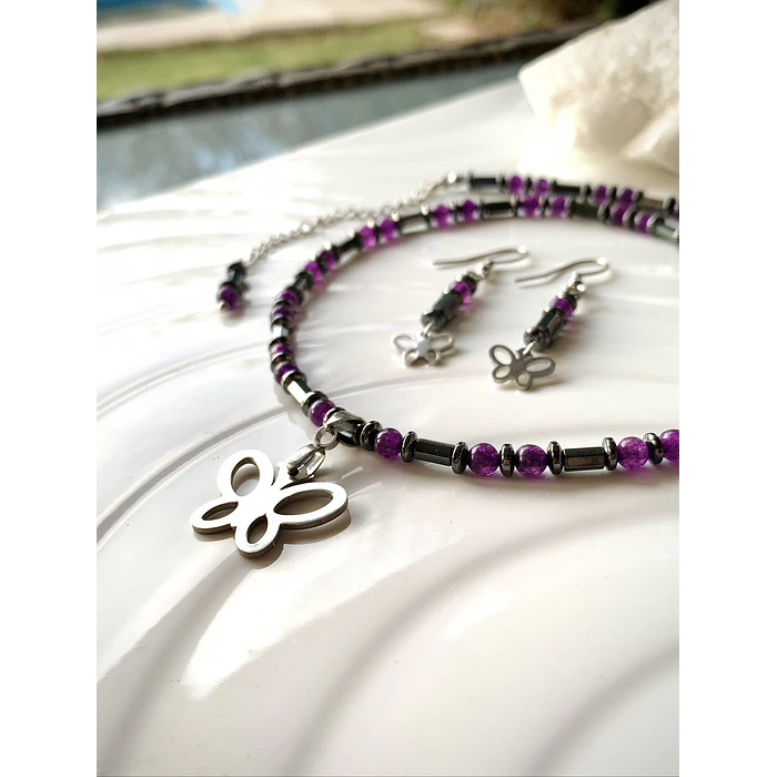 Conjunto de choker y aros creados con Hematitas, Ágatas moradas y Acero 2
