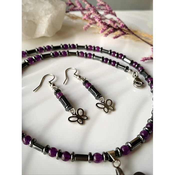 Conjunto de choker y aros creados con Hematitas, Ágatas moradas y Acero 3