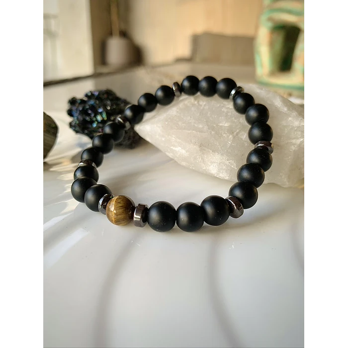 Pulsera masculina con Ónix negro mate, Ojo de tigre y acero 2