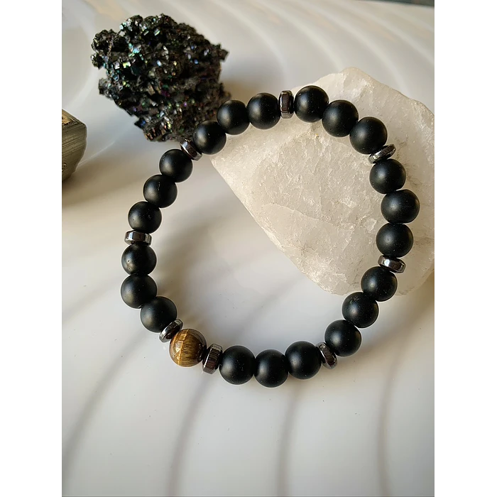 Pulsera masculina con Ónix negro mate, Ojo de tigre y acero 1
