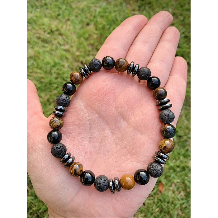 Pulsera masculina con Turmalinas, Ojo de tigre y piedra volcánica 1