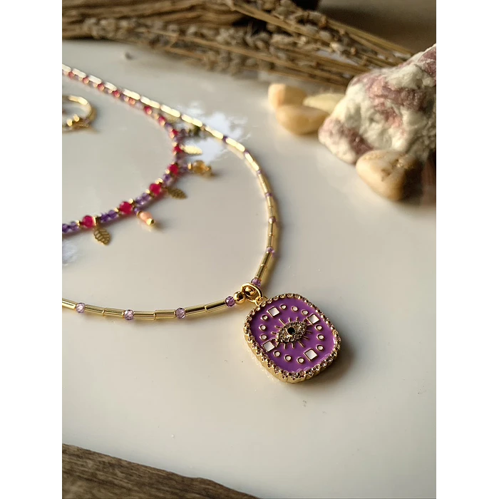 Conjunto de collar doble y aros elaborado con cristales facetados de Rubí rosado y circonitas moradas 2