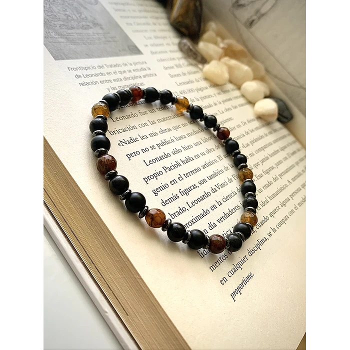 Pulsera masculina con Ágata Vena de Dragón, Ónix negro mate, Shungita y Hematita. 2