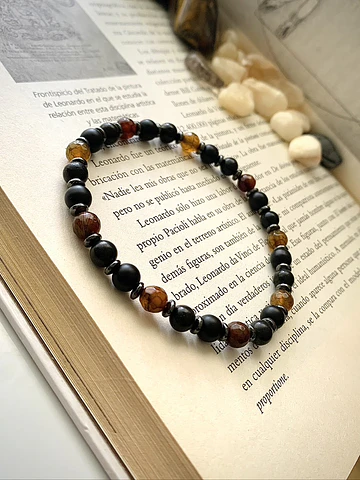 Pulsera masculina con Ágata Vena de Dragón, Ónix negro mate, Shungita y Hematita.