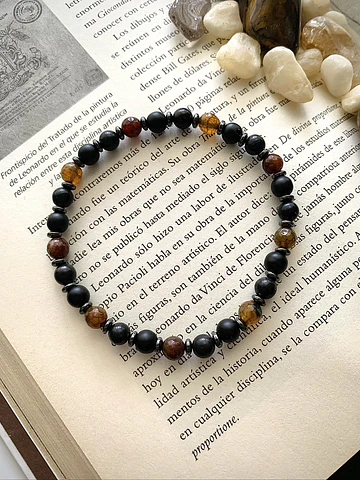 Pulsera masculina con Ágata Vena de Dragón, Ónix negro mate, Shungita y Hematita.